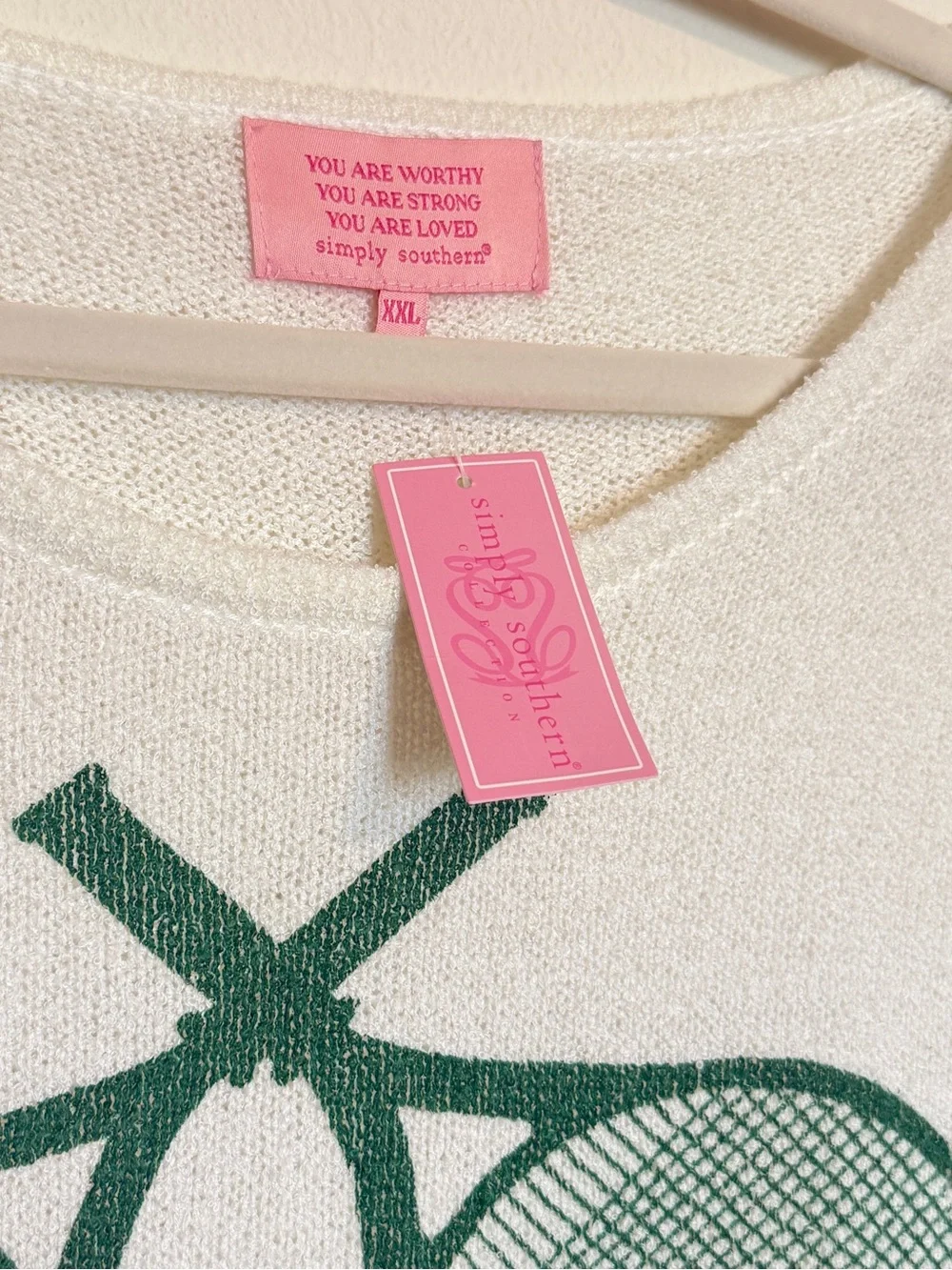 NWT Simply Southern White Sweater with Green Tennis Racket Print - Picture 2 of 4